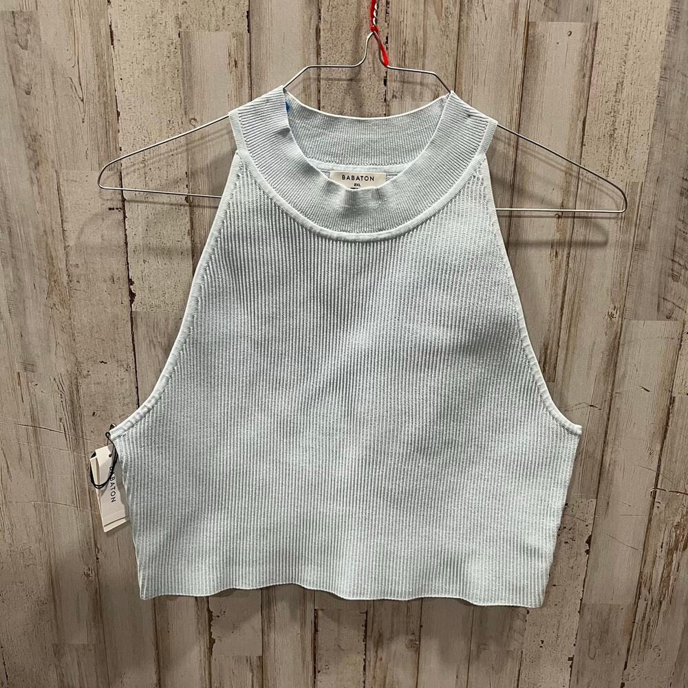 New! Babaton Aritzia Sculpt Knit Mockneck Halter Top Fluid Blue Womens 2X Crop